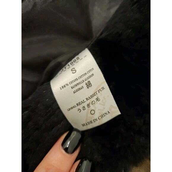 Y2K S Miss Me Olive Army Jacket, Real Rabbit Fur Lined & FleurDeLis Studded Back - Picture 4 of 8